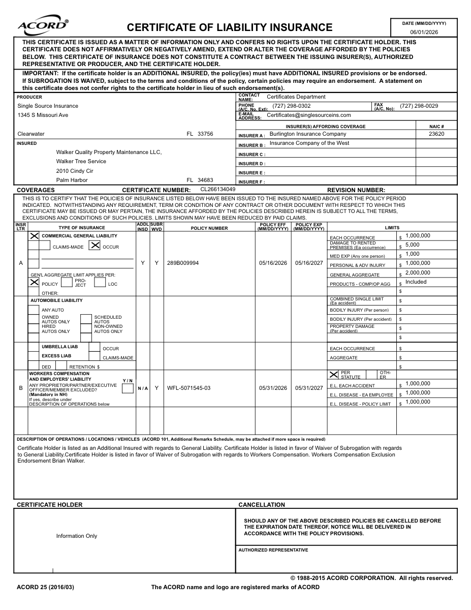 Walker Tree Service insurance certificate (expires 5/16/27)