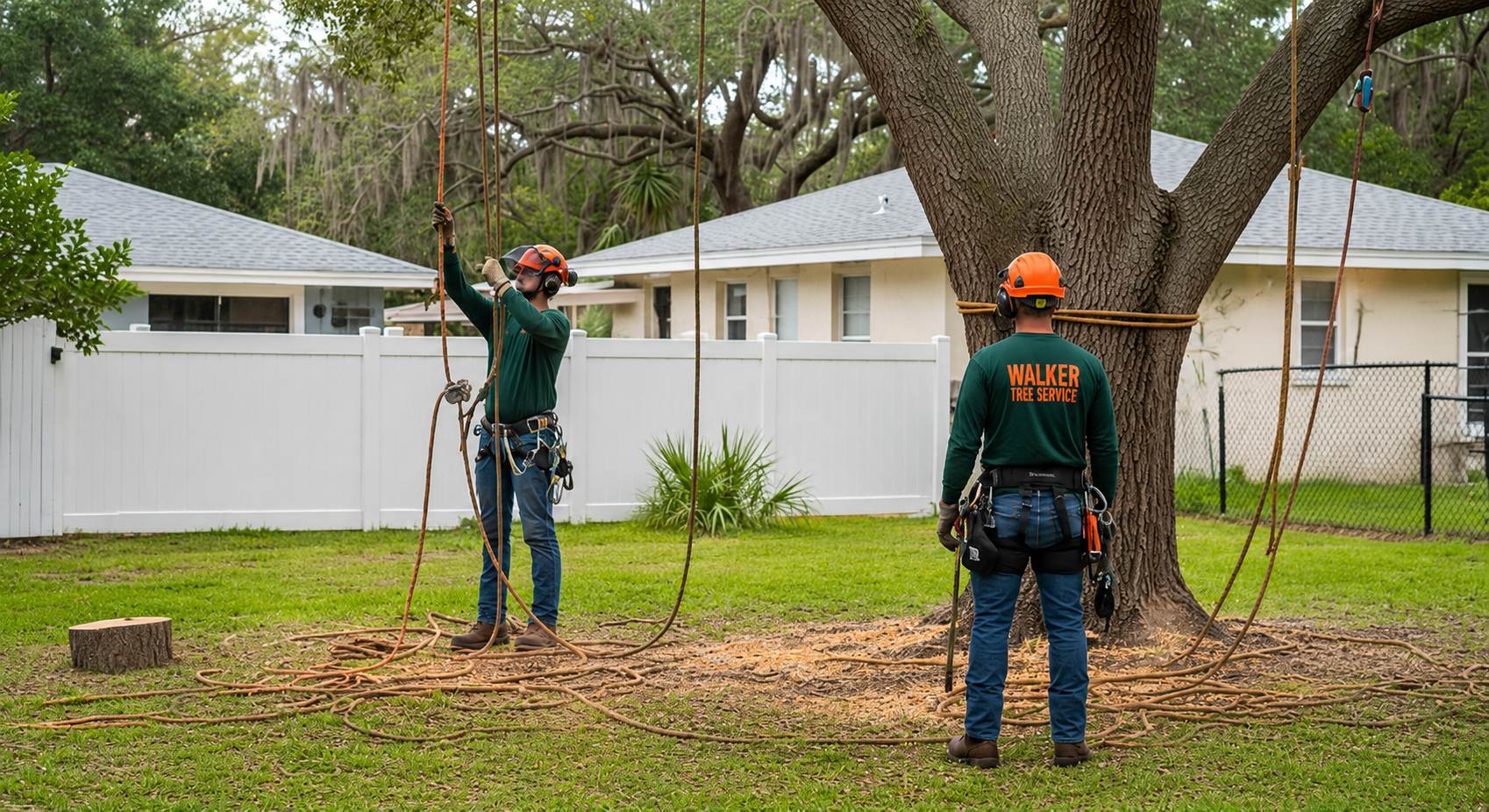 Walker Tree Service crew rigging an oak tree for safe removal
